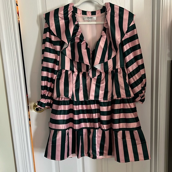 Crosby by Mollie Burch Pink and Green Striped Ruffle Tiered Striped Dress XS - Picture 2 of 6
